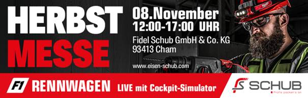 Schub Herbstmesse am 08. November von 12:00 bis 17:00 Uhr bei Fidel Schub GmbH & Co. KG in 93413 Cham. F1-Rennwagen live mit Cockpit-Simulator.